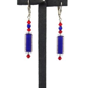 Red, White & Blue Furnace Glass & Crystal Earrings